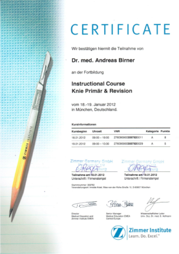 Certificate Insstructional Course Knie Primär