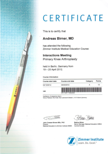 Certificate Interactions Meeting Primary Knee Arhtroplasty 2012